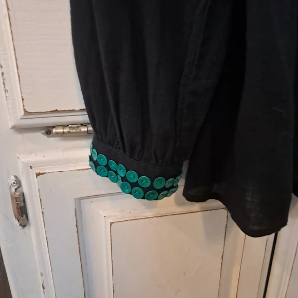 Double D Ranch Black Top Blue Embroidered Turquoise Button Embelish Sheer - Picture 4 of 7